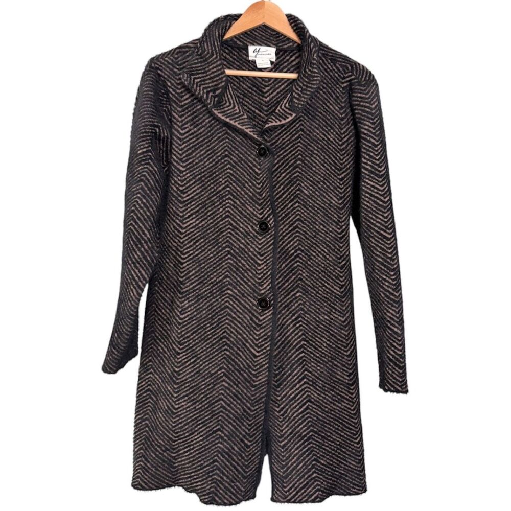 Andrea Jovine Womens Medium Chevron Knit Cardigan Sweater Coat Black Tan Open